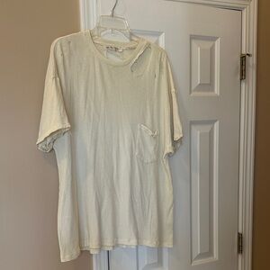 Free People Off-White Distressed Short Sleeve Tee